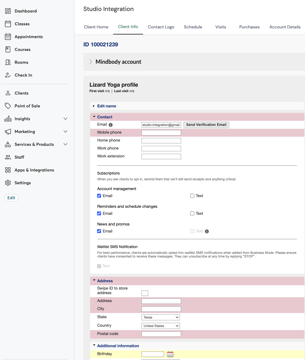 Mindbody client profile showing fields that get automatically updated by the integration